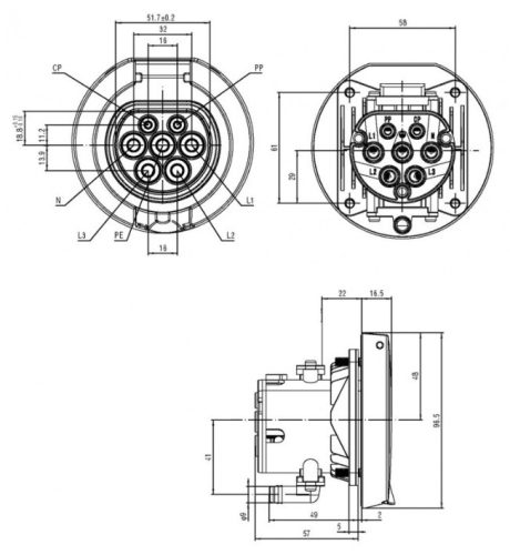 socket for charging stand Type 2 (IEC-62196), AC, 32 A